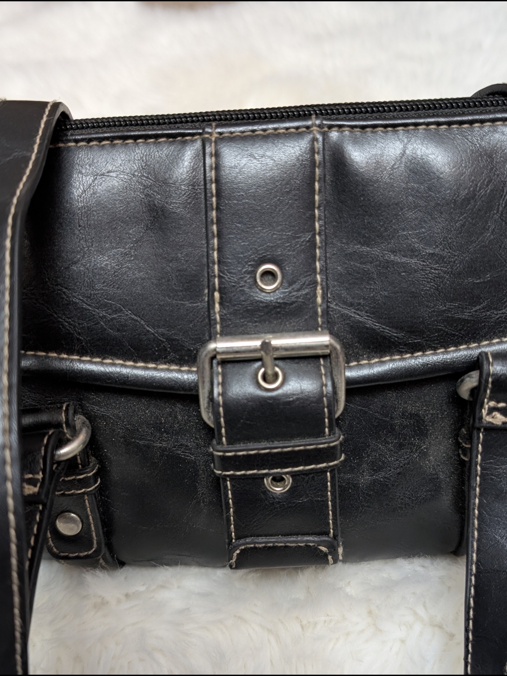 Small Black Vinyl Shoulder Bag with Buckle Detail - Picture 7 of 13